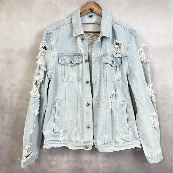 Manfinity Mens Denim Jacket M Distressed Ripped Grunge Light Wash Y2K Streetwear - Picture 1 of 11